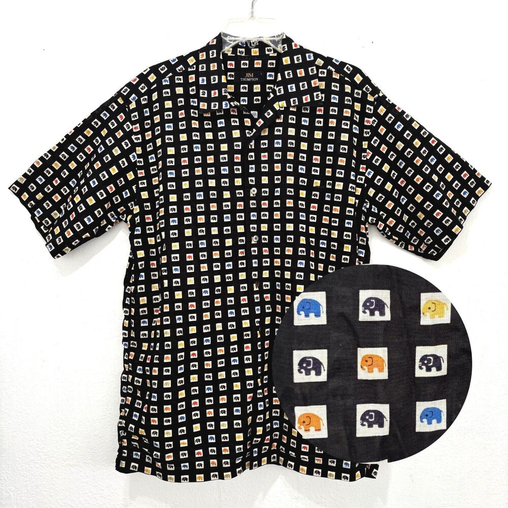 Jim Thompson Mens Novelty Elephant Button Up Camp Shirt Large Resort Wear Summer